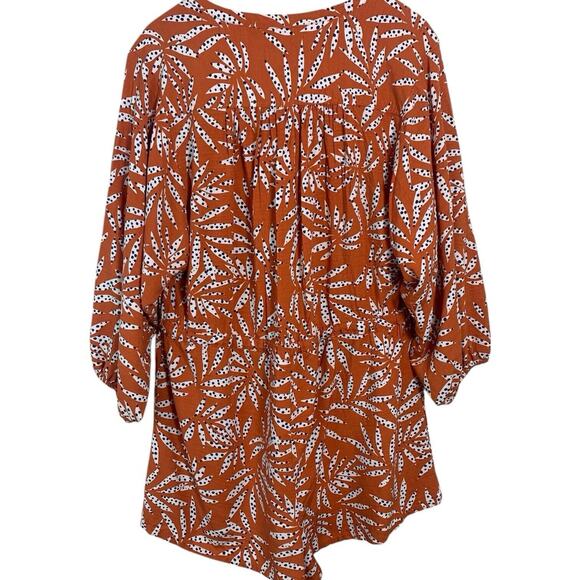 Loft Beach Romper Women's Small Leaf Print Button Up Orange Tie Waist 3/4 Sleeve - Picture 2 of 8